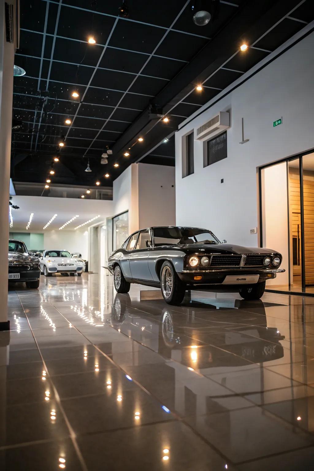 A garage reimagined as a sleek showroom for a vintage automobile.
