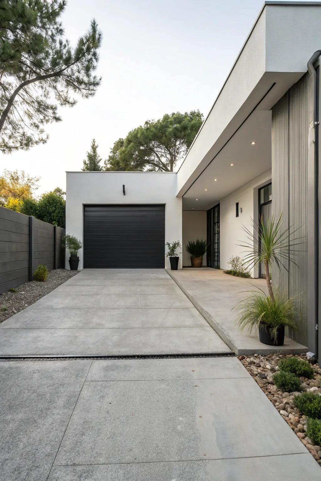 A modern concrete driveway that highlights elegance and minimalism.