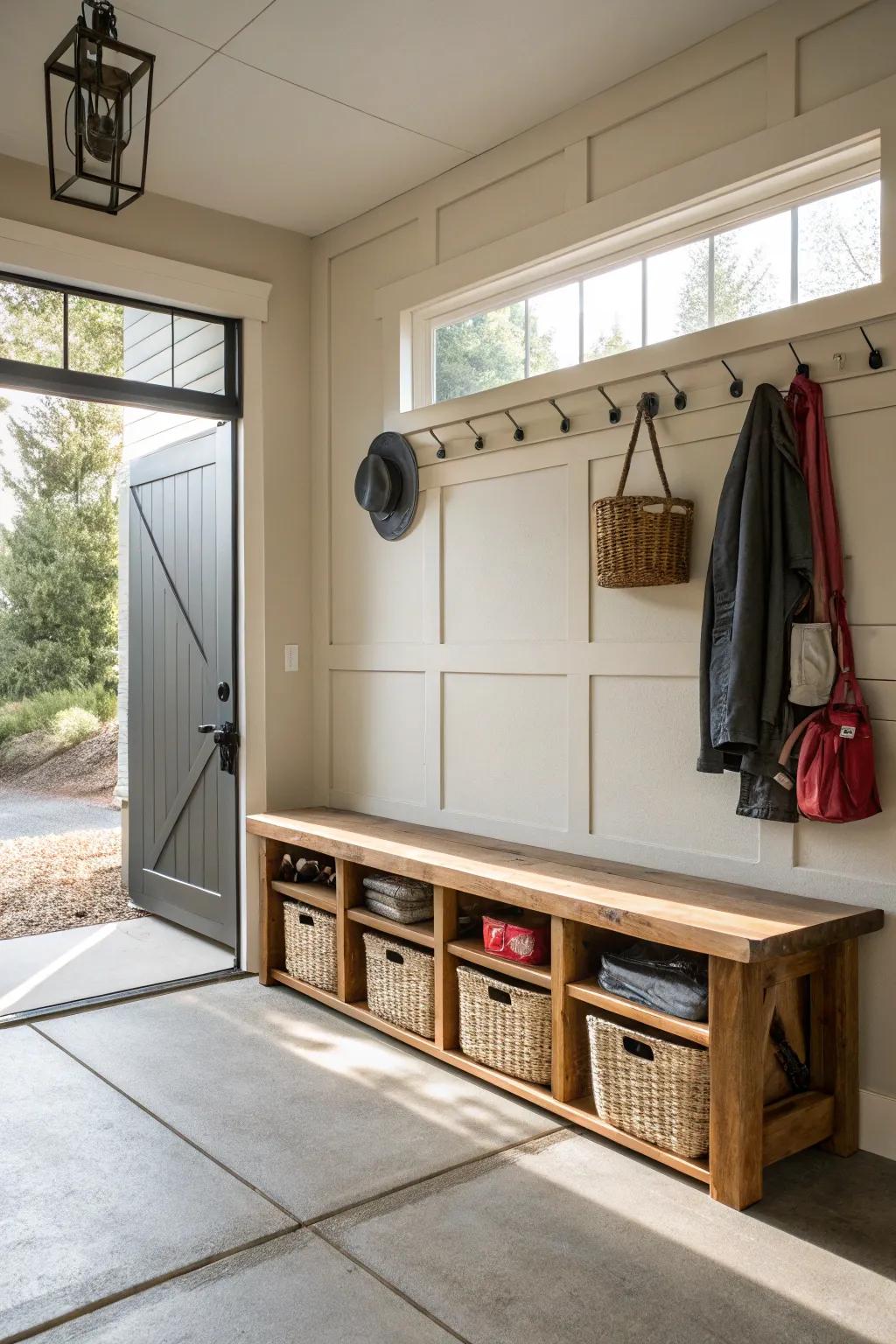 A useful bench with storage transforms your entryway into a tidy area.