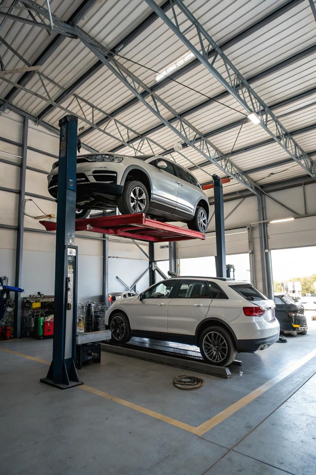 Creative utilization of vertical space featuring an advanced vehicle lift setup.