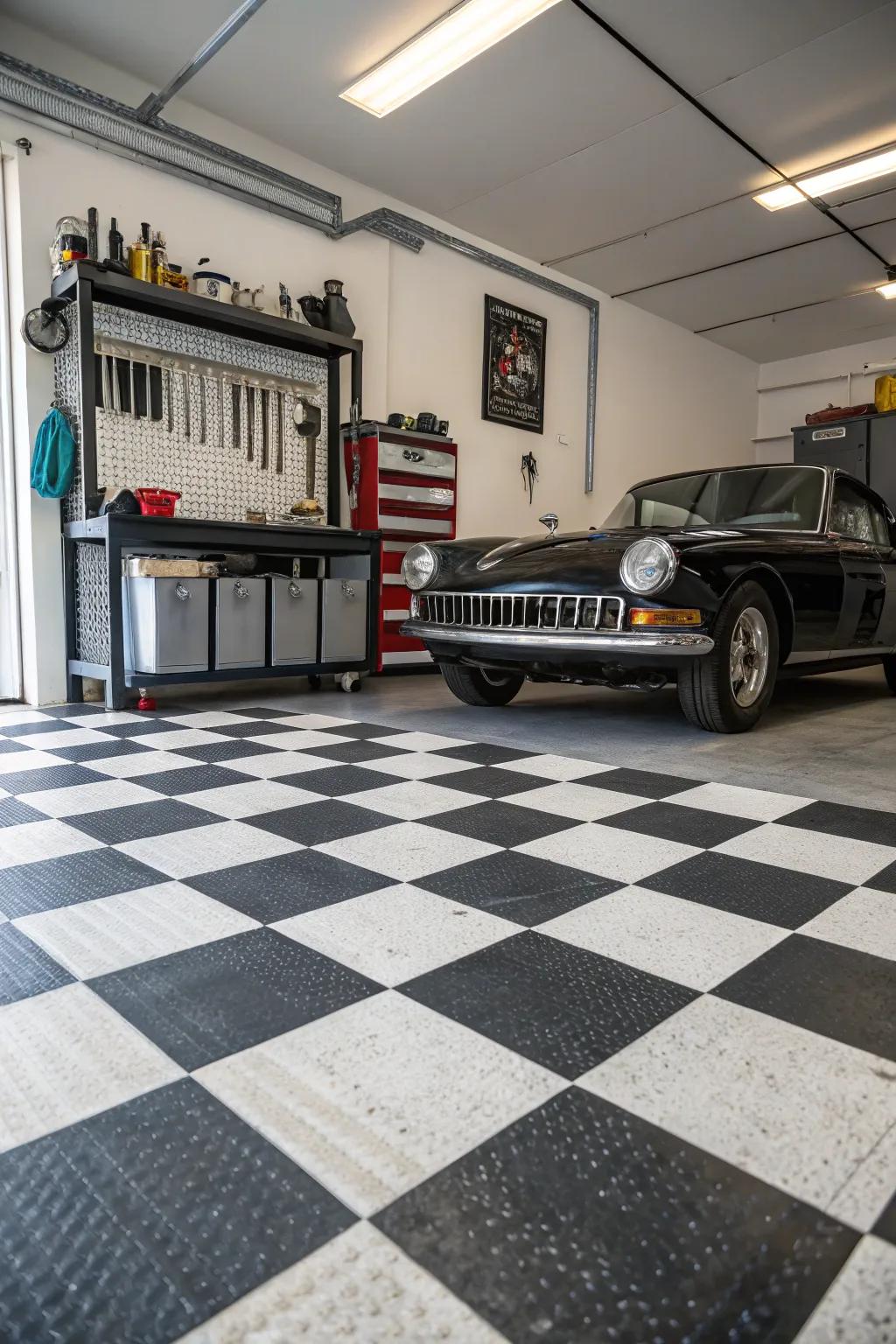 A timeless black and white checkered floor provides a refined elegance to your garage.