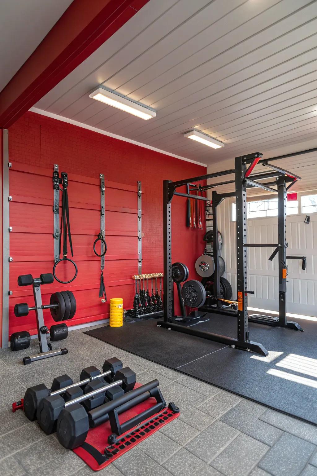 Infuse dynamism into your workout zone using a striking red highlighted wall.