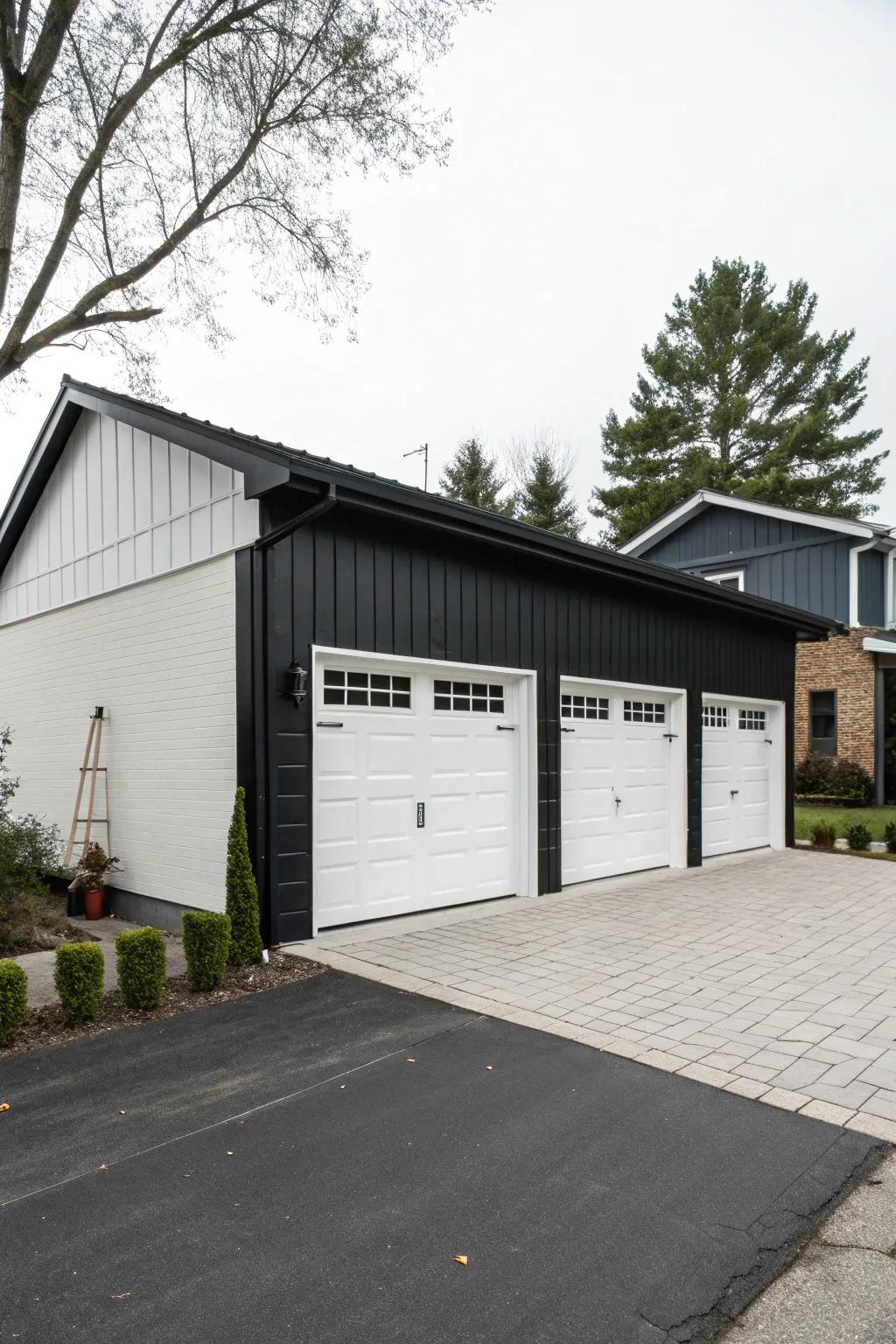 A captivating garage showcasing a daring two-tone color scheme.