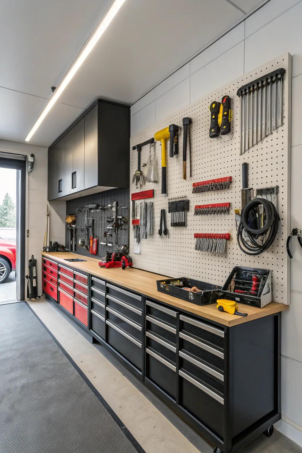 Shelves fixed to the wall offer clever storage solutions for a well-organized garage.