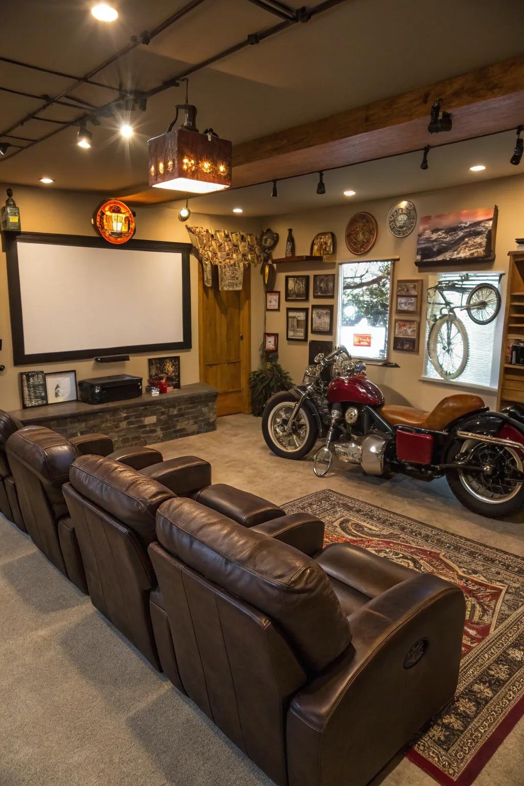 Classic lounge design in a garage man cave, perfect for unwinding.