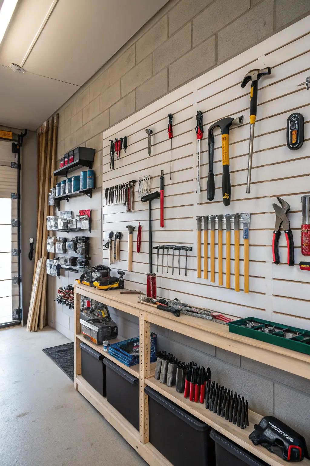 Effectively organize your tools using wall panel storage solutions.