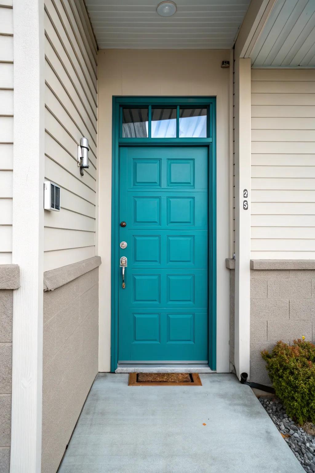 A lively turquoise door introduces a burst of color to an otherwise neutral garage design.