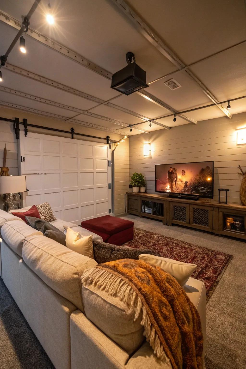 Transform your garage into a relaxing lounge with a cozy couch and a large TV.
