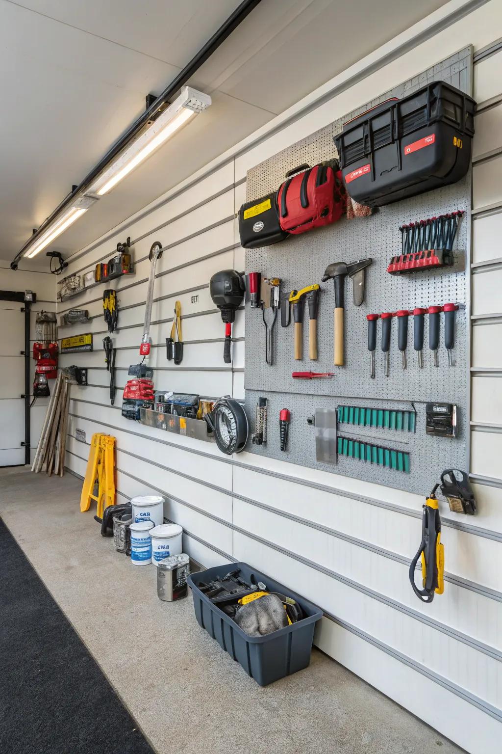 Slatwall panels offer a tidy and adjustable storage solution.