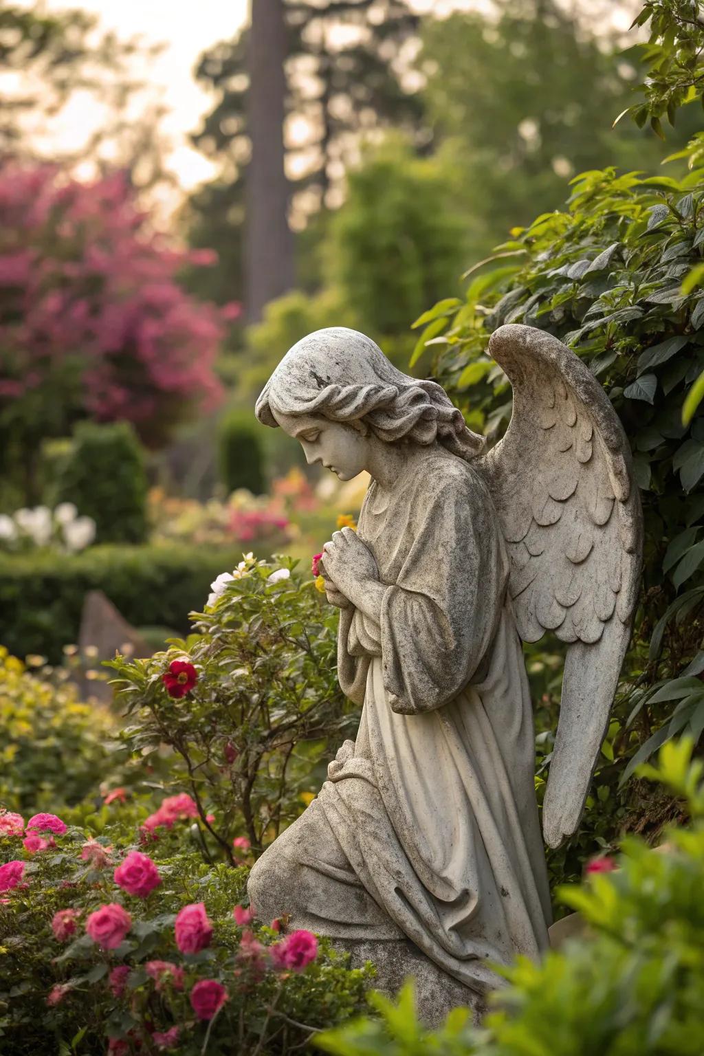 Timeless stone angel figure amidst a vibrant garden.