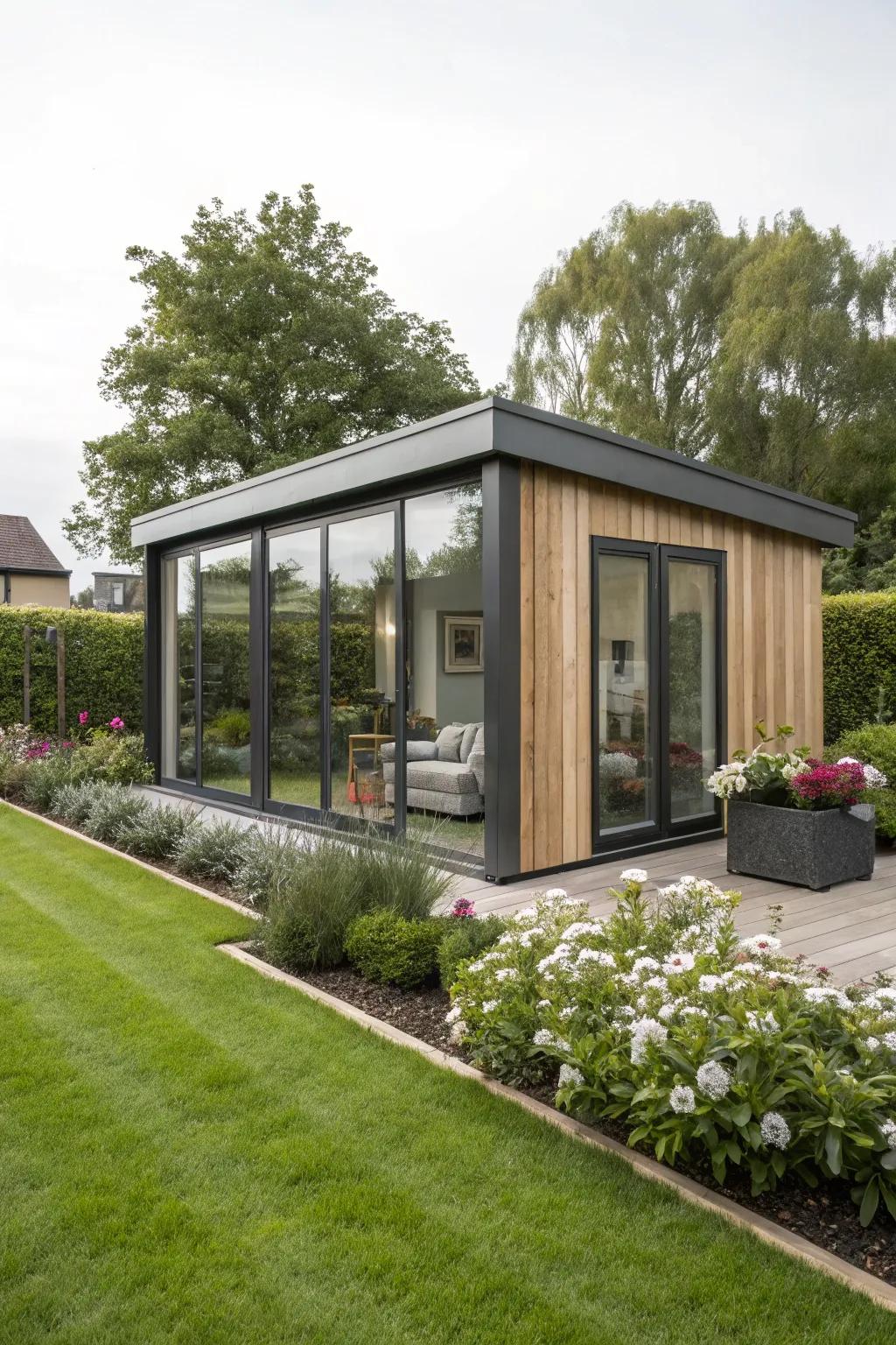 A stylish garden sanctuary featuring a modern design, providing a fashionable workspace.