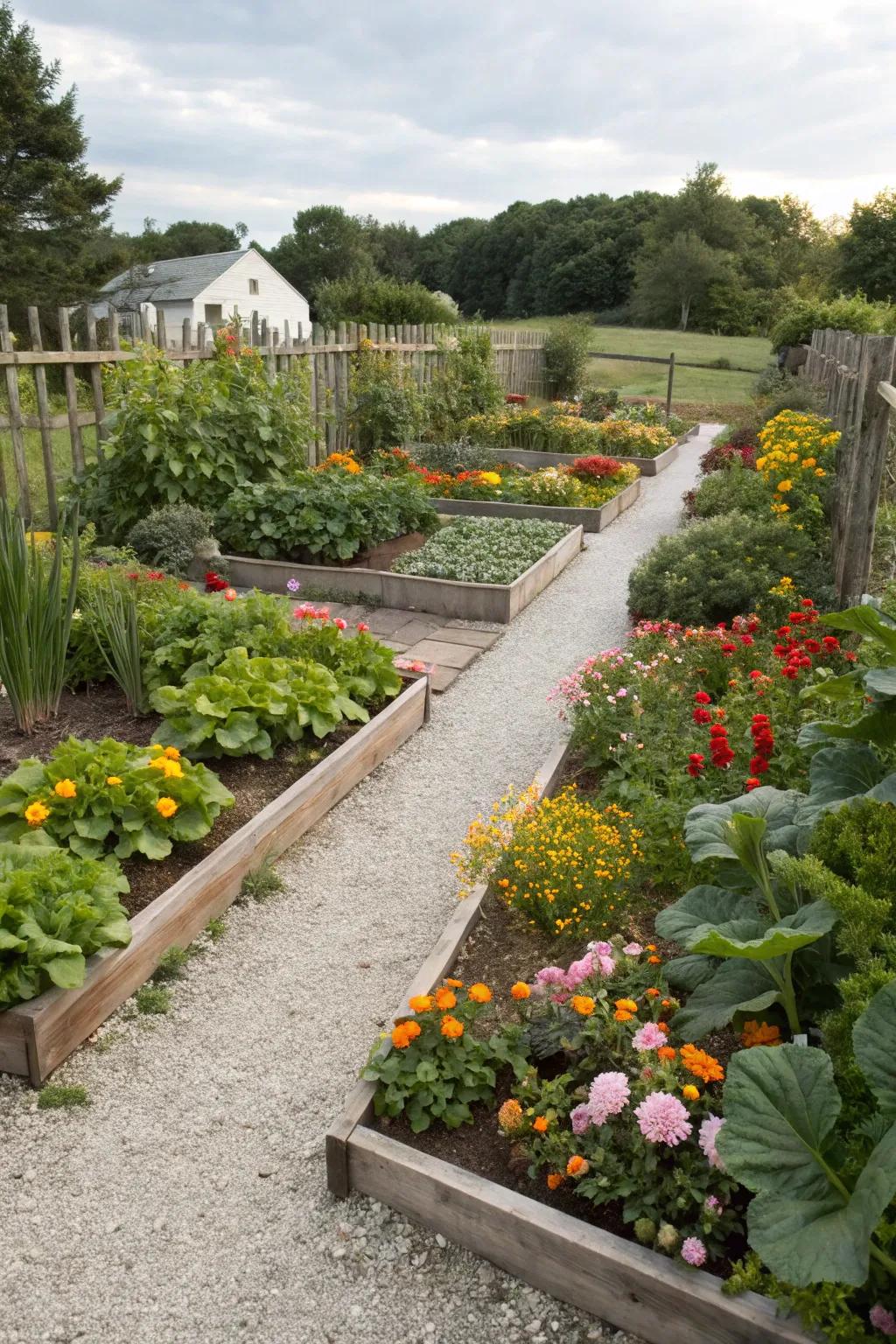 A potager garden beautifully mixing colorful vegetables and flowers.