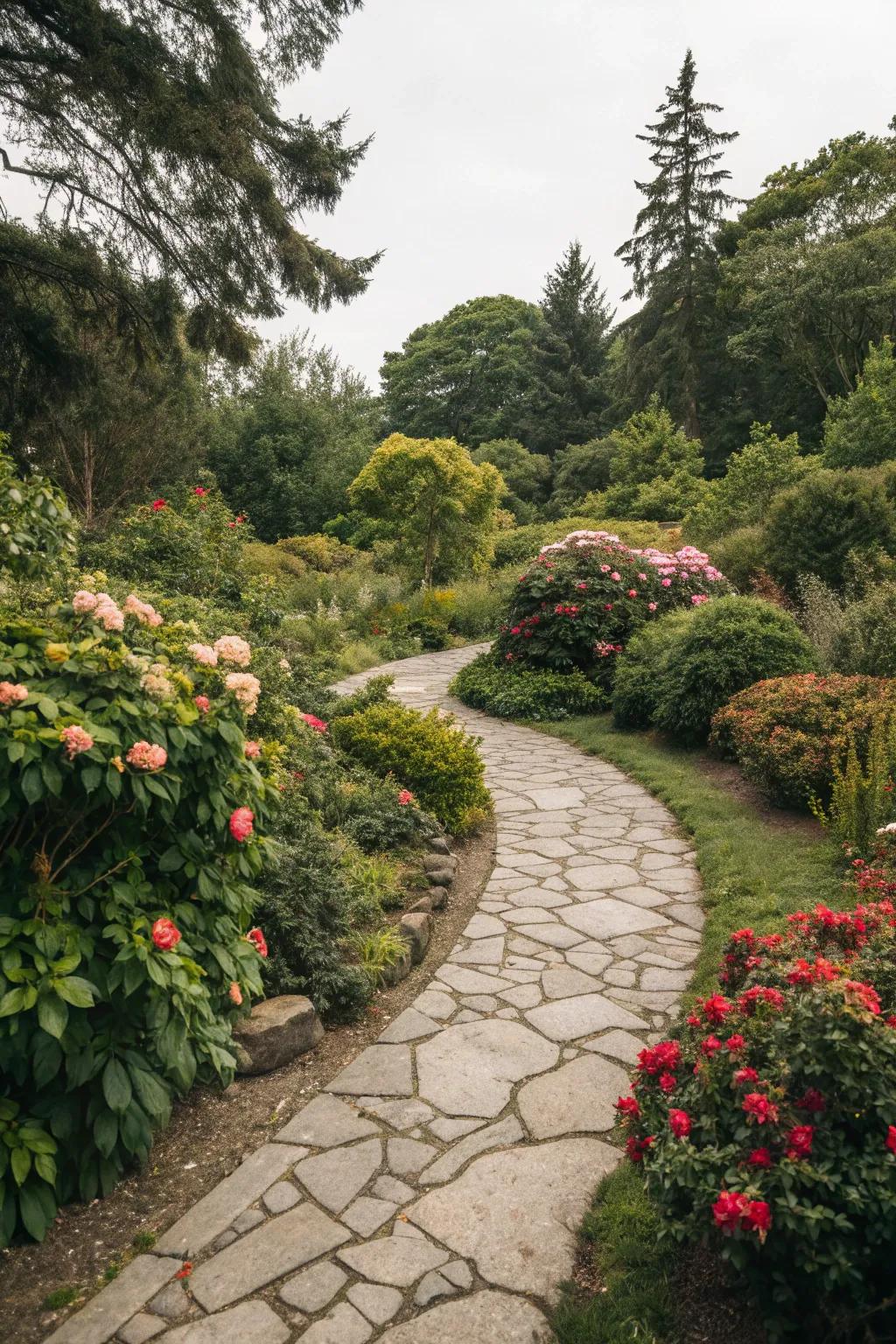 A delightful stone pathway meandering through a vibrant garden.
