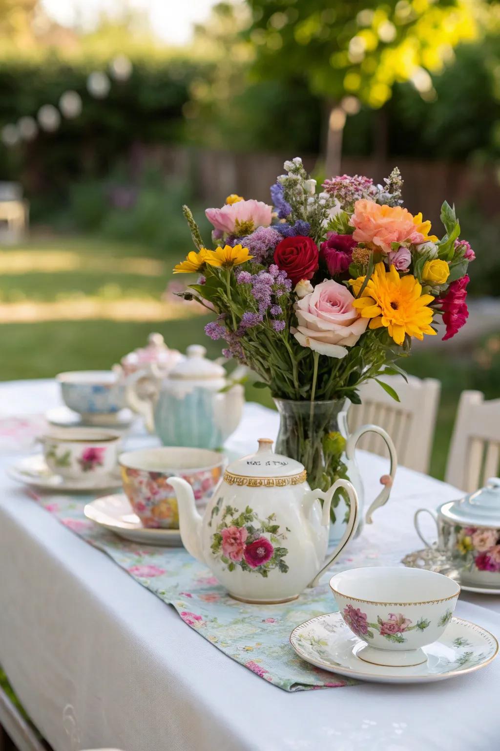 Blossom arrangements within antique teacups introduce charm to any garden soiree.