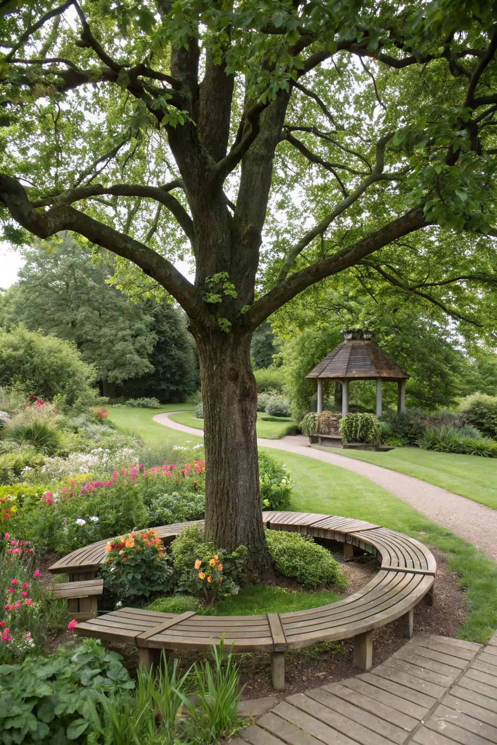 A roundabout bench surrounding a tree, perfect for unwinding.