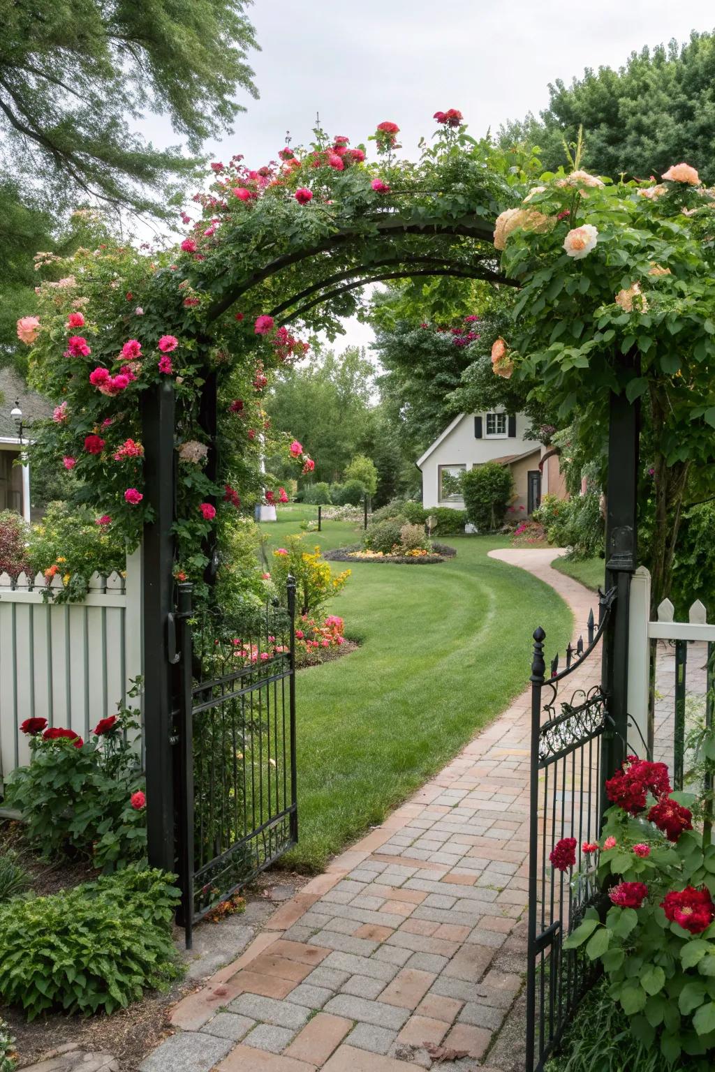 A gate reimagined as a floral sanctuary.