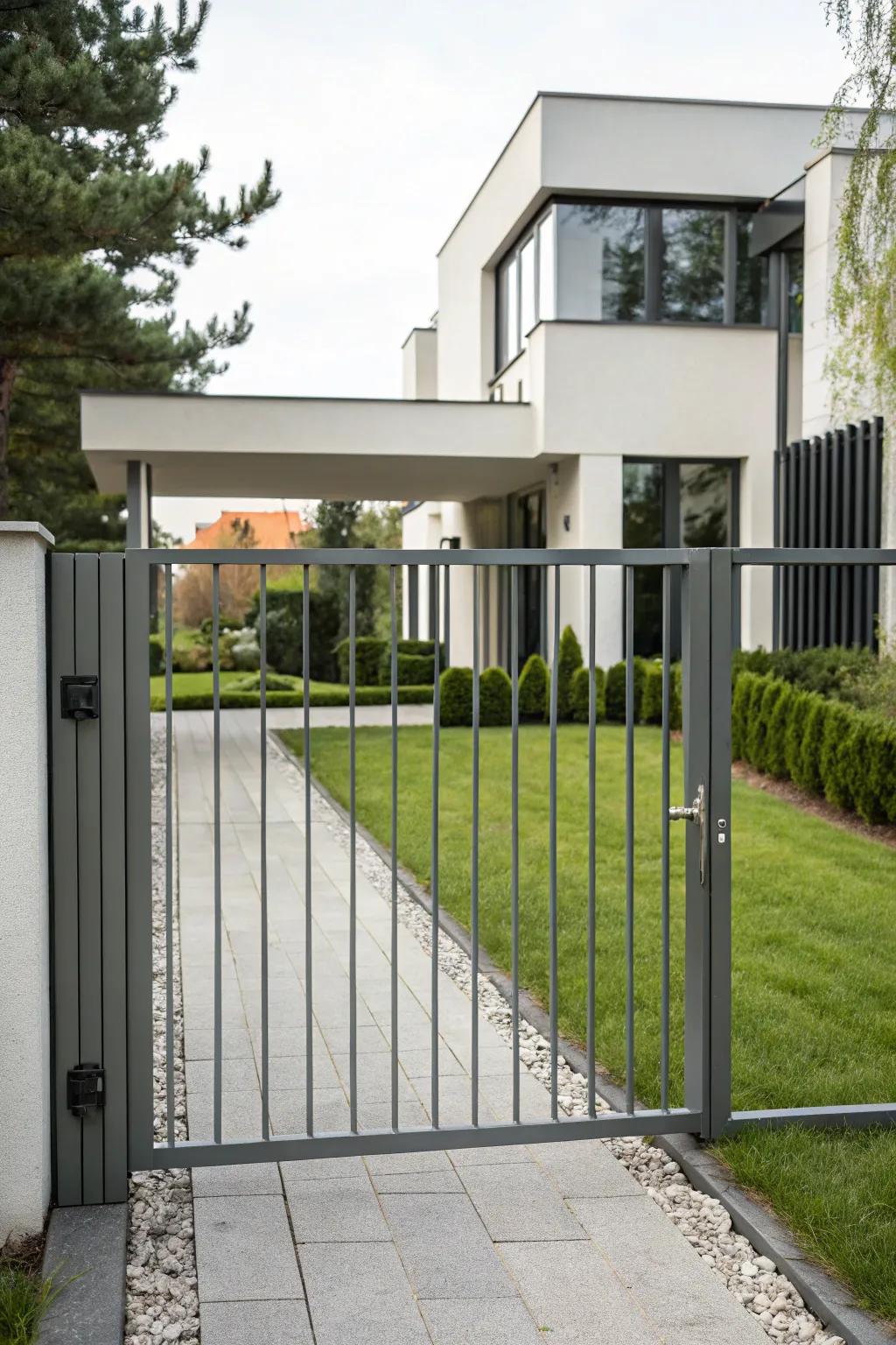 A streamlined metal gate introduces a modern accent to a contemporary dwelling.