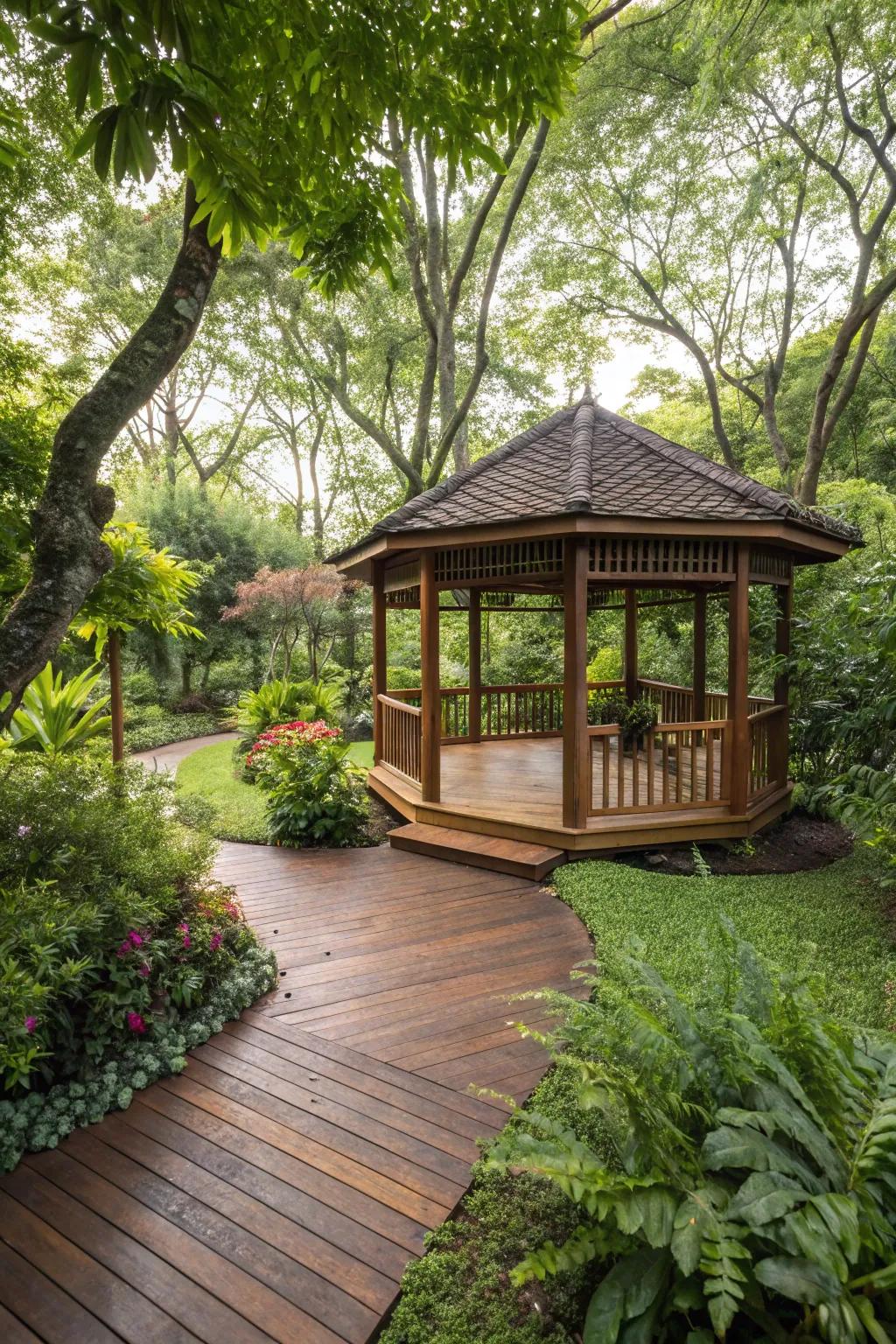 Revel in the classic elegance of wood strips for a comfortable gazebo.