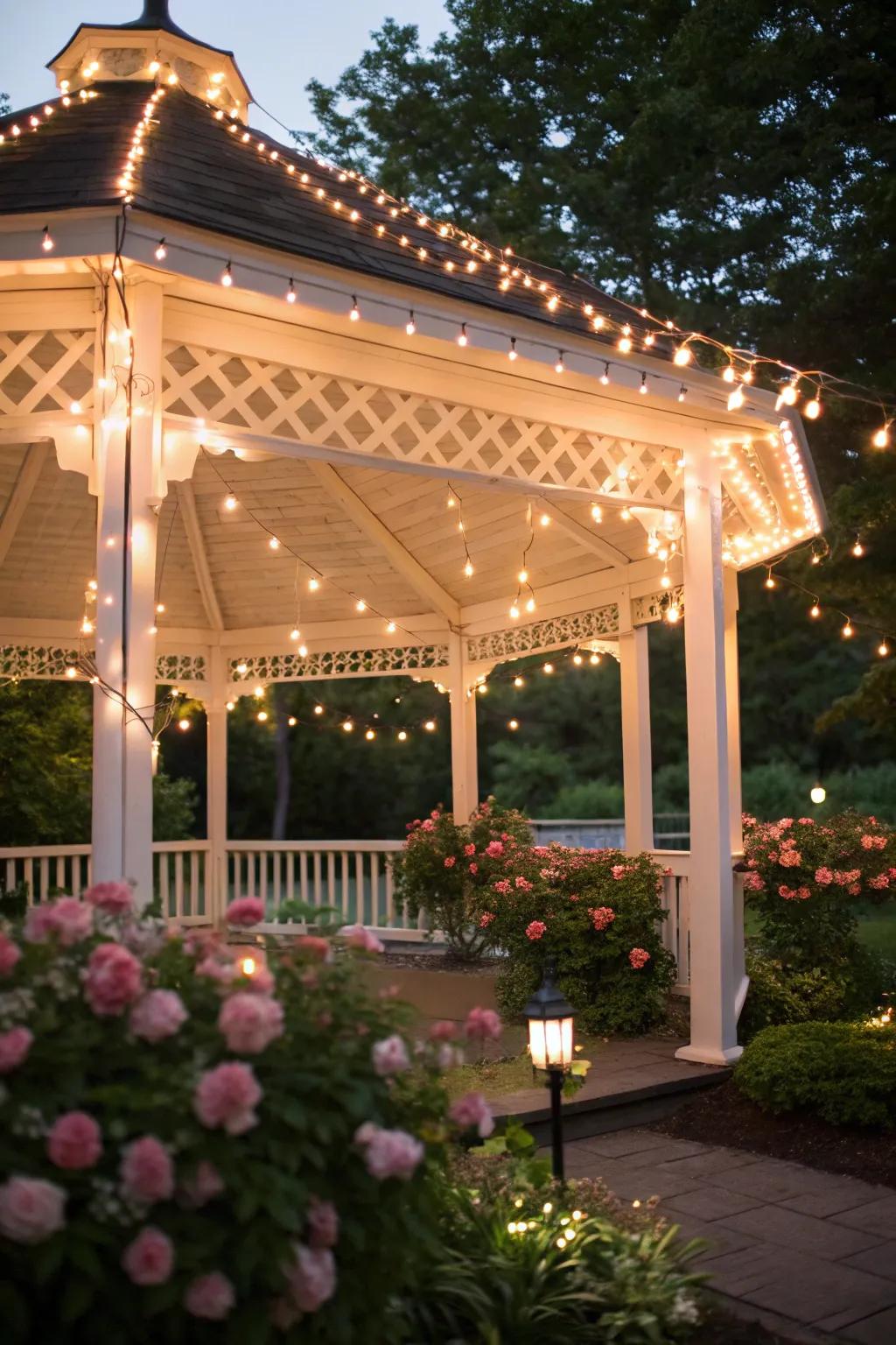 Delicate string lights adorning the gazebo, crafting an inviting and cozy atmosphere.