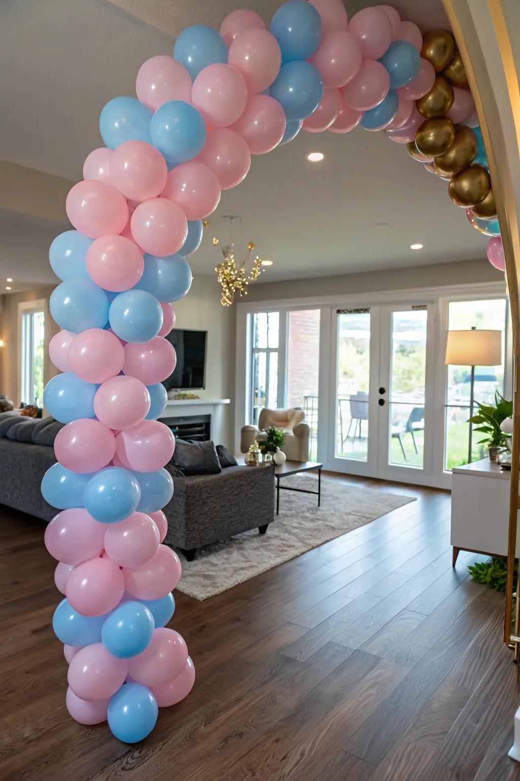 A stunning balloon display brings a touch of celebration to any gender reveal party.
