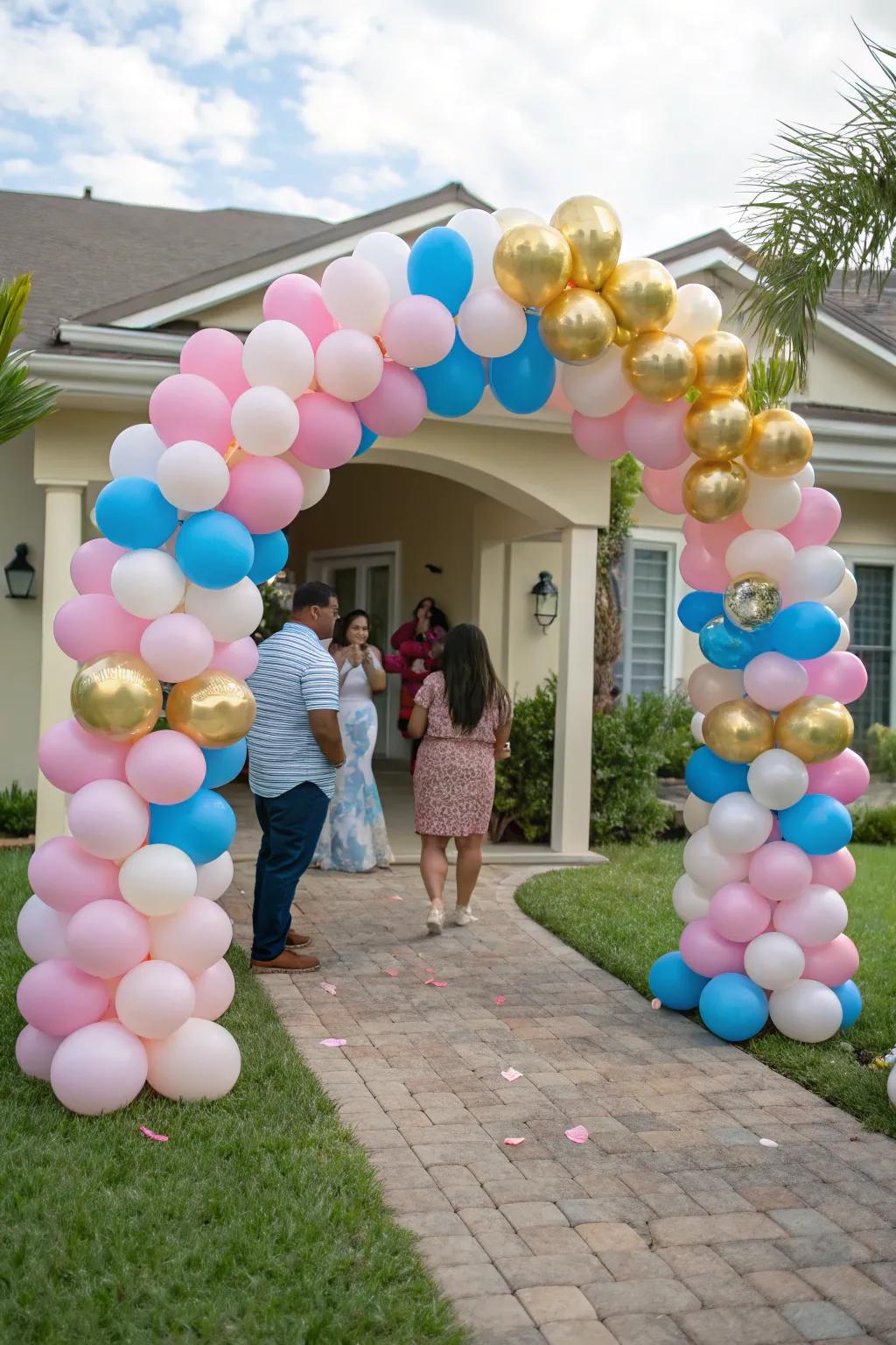 A bright balloon arch establishes a cheerful environment for your gender reveal party.
