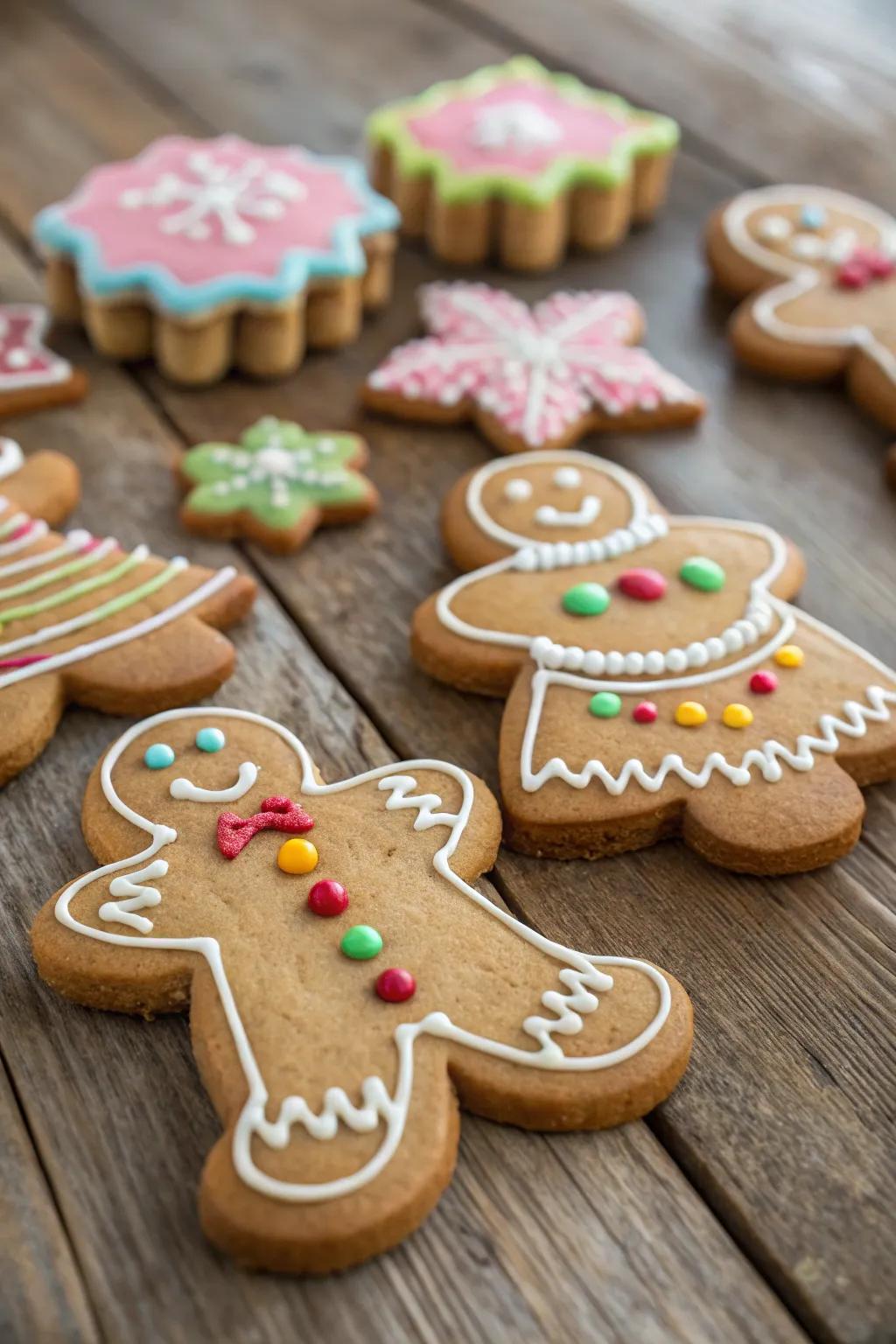 Classic gingerbread men and women adorned with unique icing patterns.