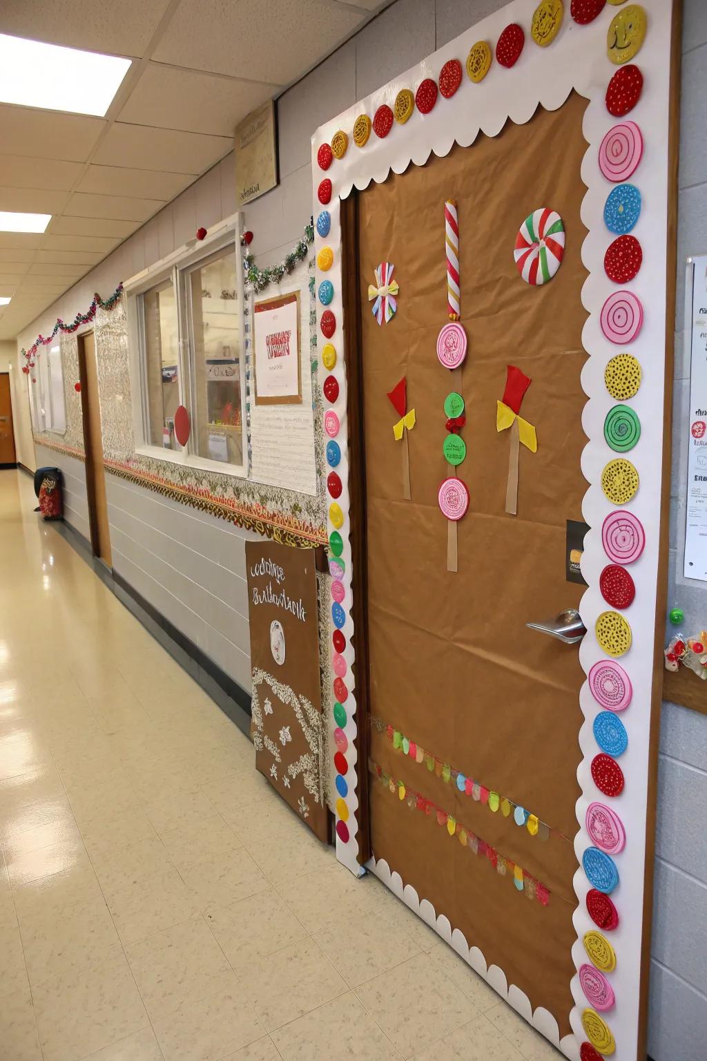 A traditional gingerbread house facade displayed on a classroom door.