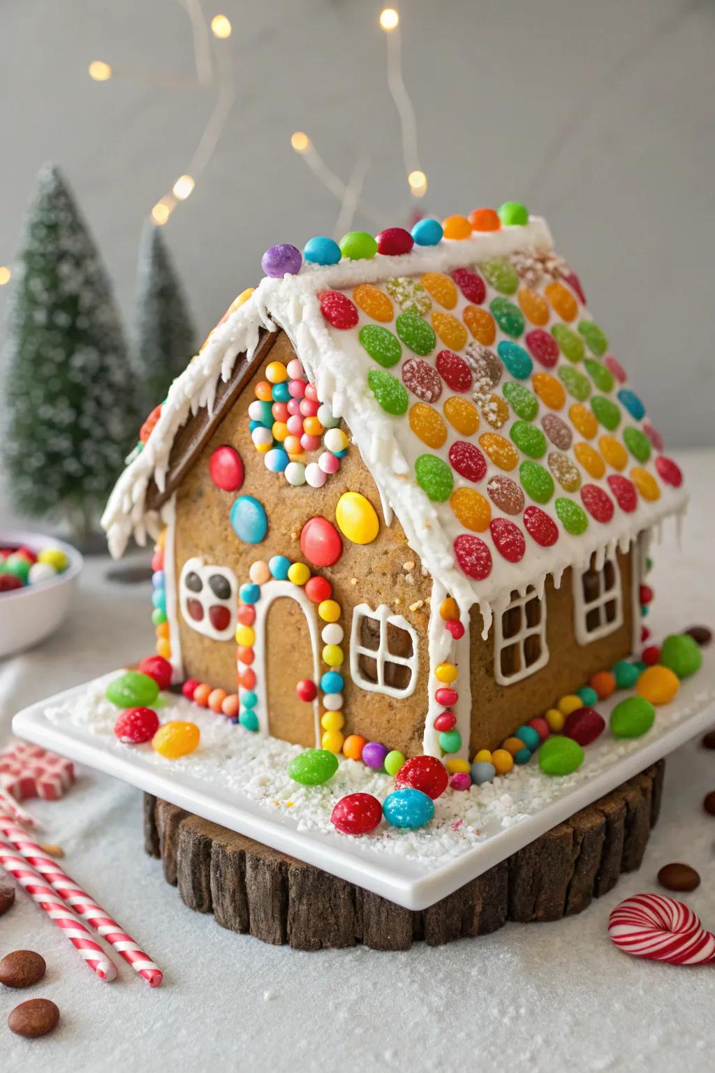 A candy-coated gingerbread house radiating color.