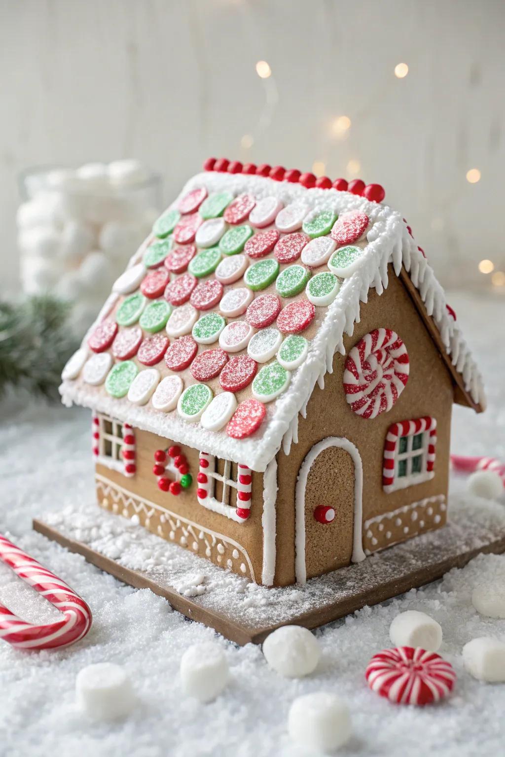 Striped treat shingles introduce a cheerful and vibrant aspect to gingerbread house roofs.