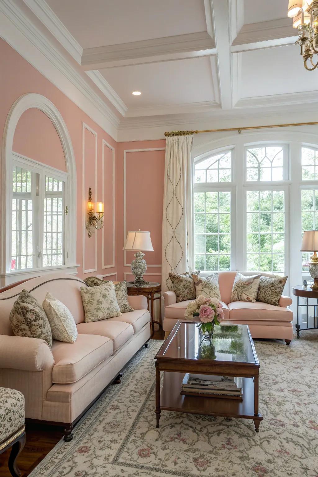 A tranquil living area showcasing delicate rose walls and sophisticated decor.