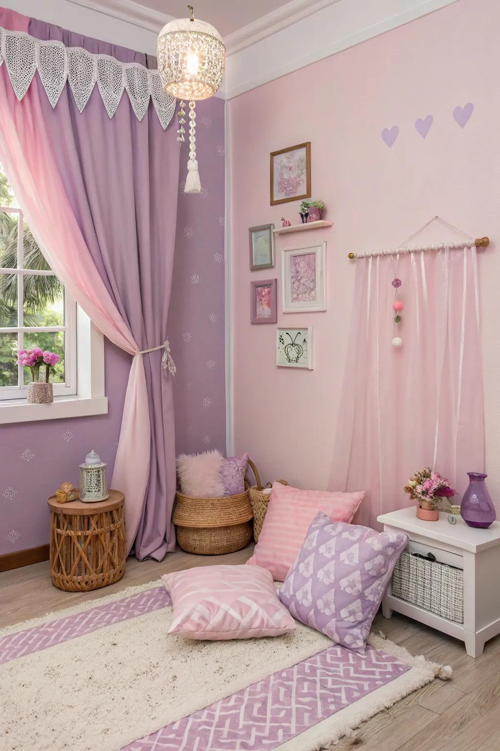 A pastel paradise featuring pink and lavender undertones for a calming effect.