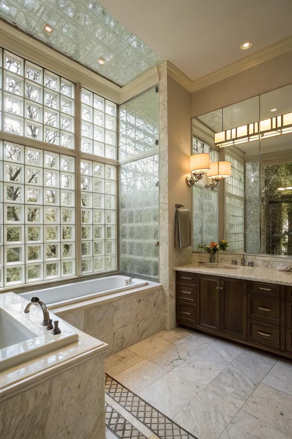 A fancy bathroom shows a prism panel shower wall, creating a calm and spa-like feel.