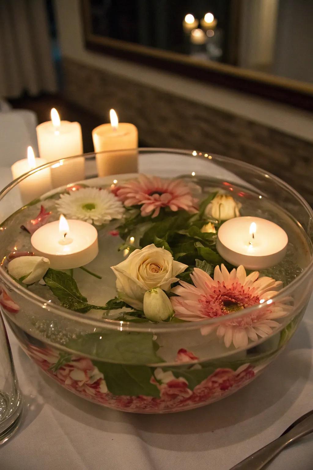 A glass bowl featuring floating lights and blooms, perfect for setting a romantic scene.