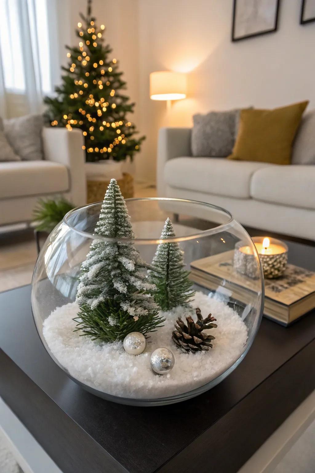 A glass bowl showcasing a miniature Christmas tree alongside artificial snow.
