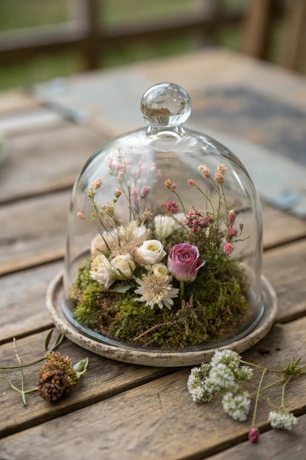 Dried florals and moss presented under a glass cloche bring the serenity of nature indoors.