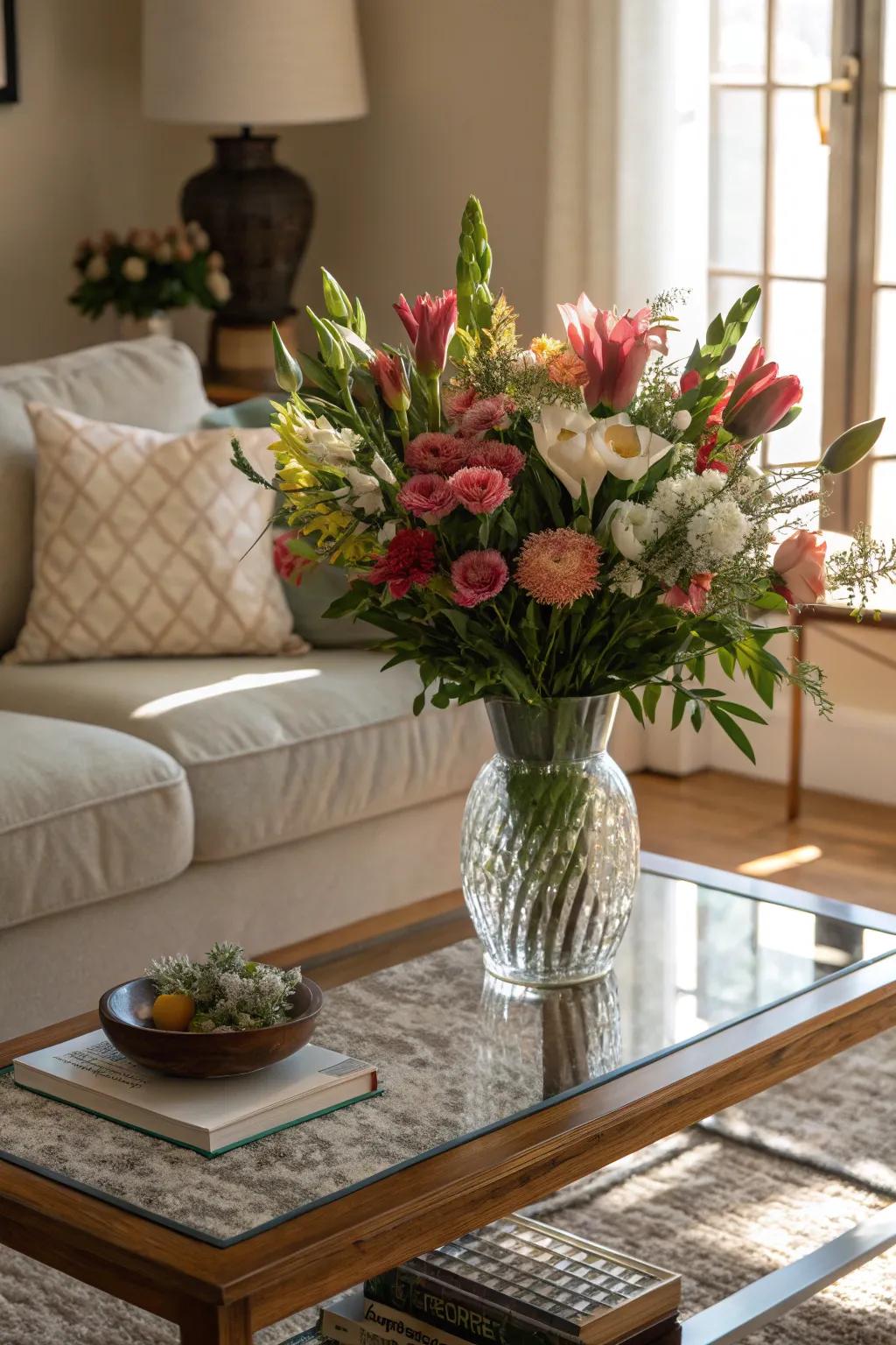 A vibrant floral centerpiece brings life to a glass coffee table.