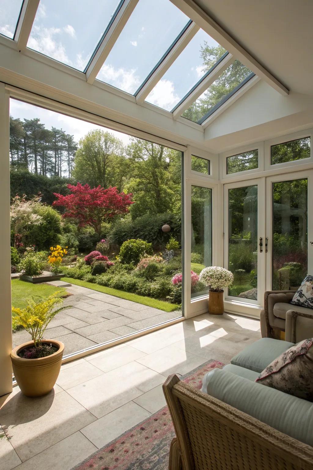 A luminous space featuring full-length glass panels.