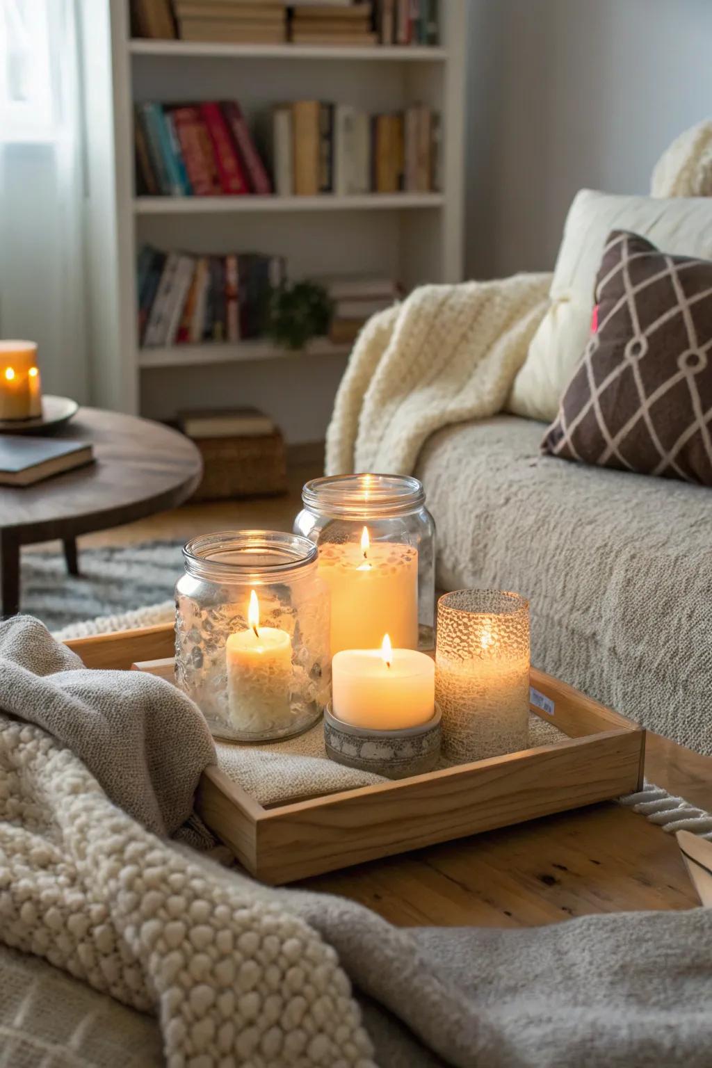 Glass containers with fairy lights create an inviting and cozy ambiance.