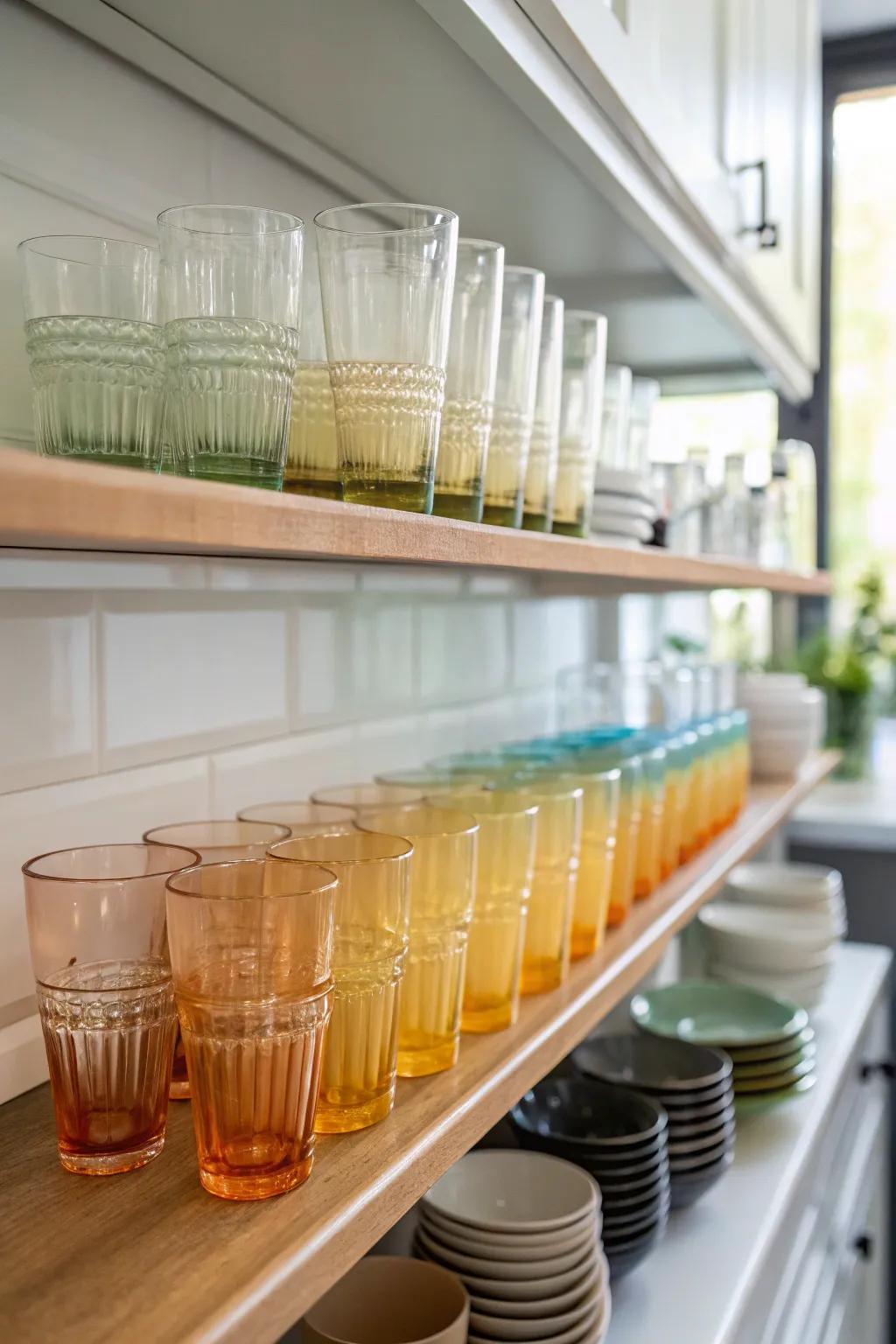 A captivating color gradient of glassware displayed on a kitchen shelf.