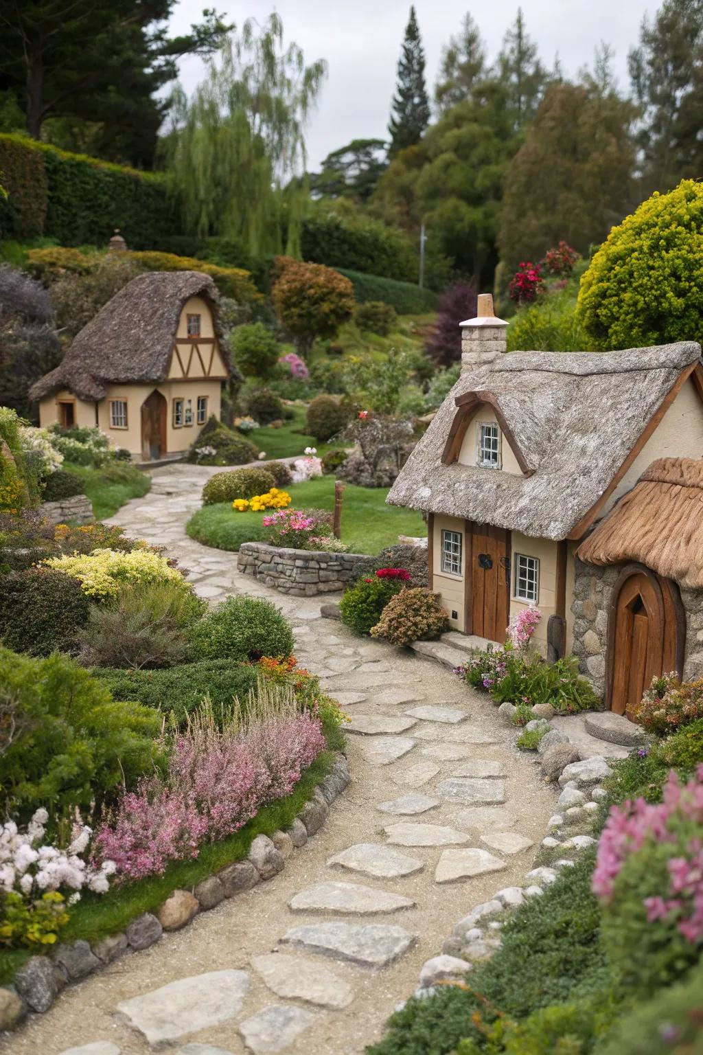 A captivating small-scale village nestled among vibrant blossoms.