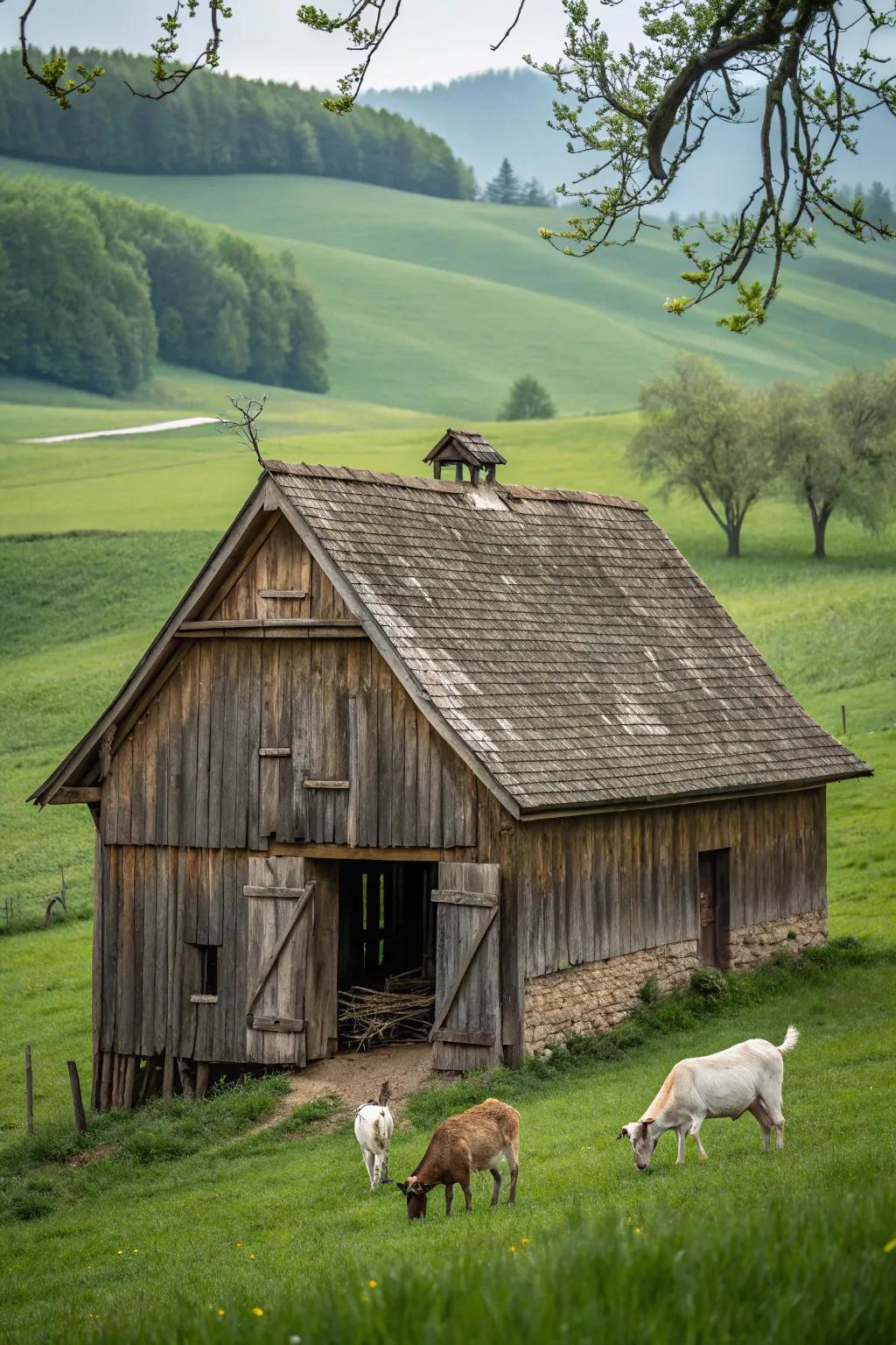 A countryside timber goat shelter delivering both beauty and defense.