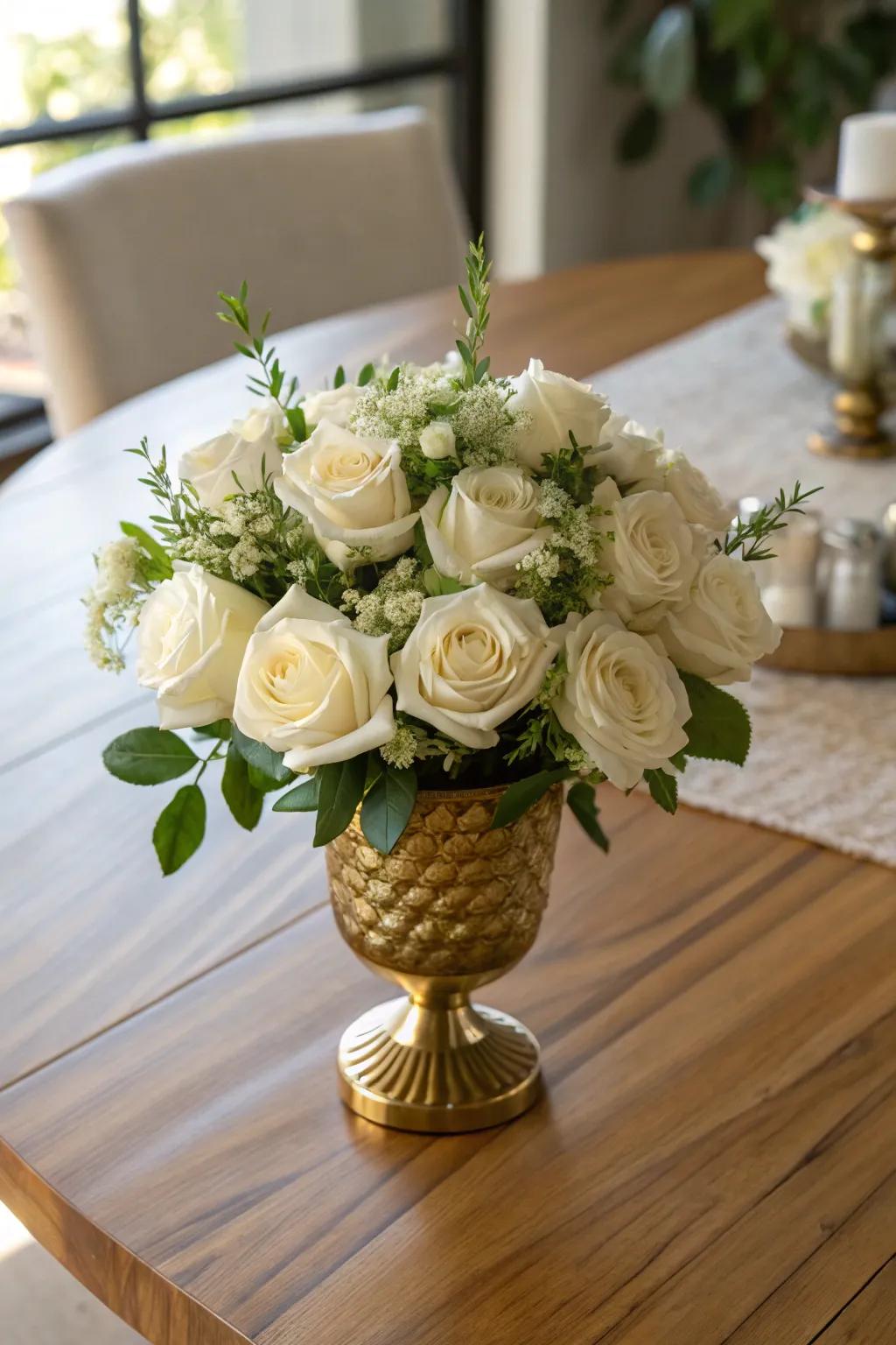 A timeless gilded vase featuring elegant white roses.