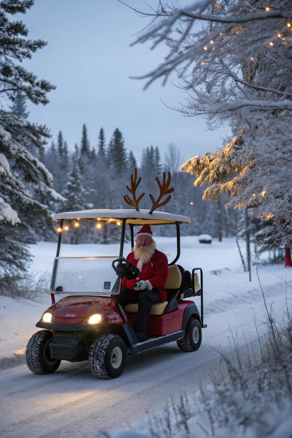 A Santa-inspired golf cart, ready to spread holiday joy.