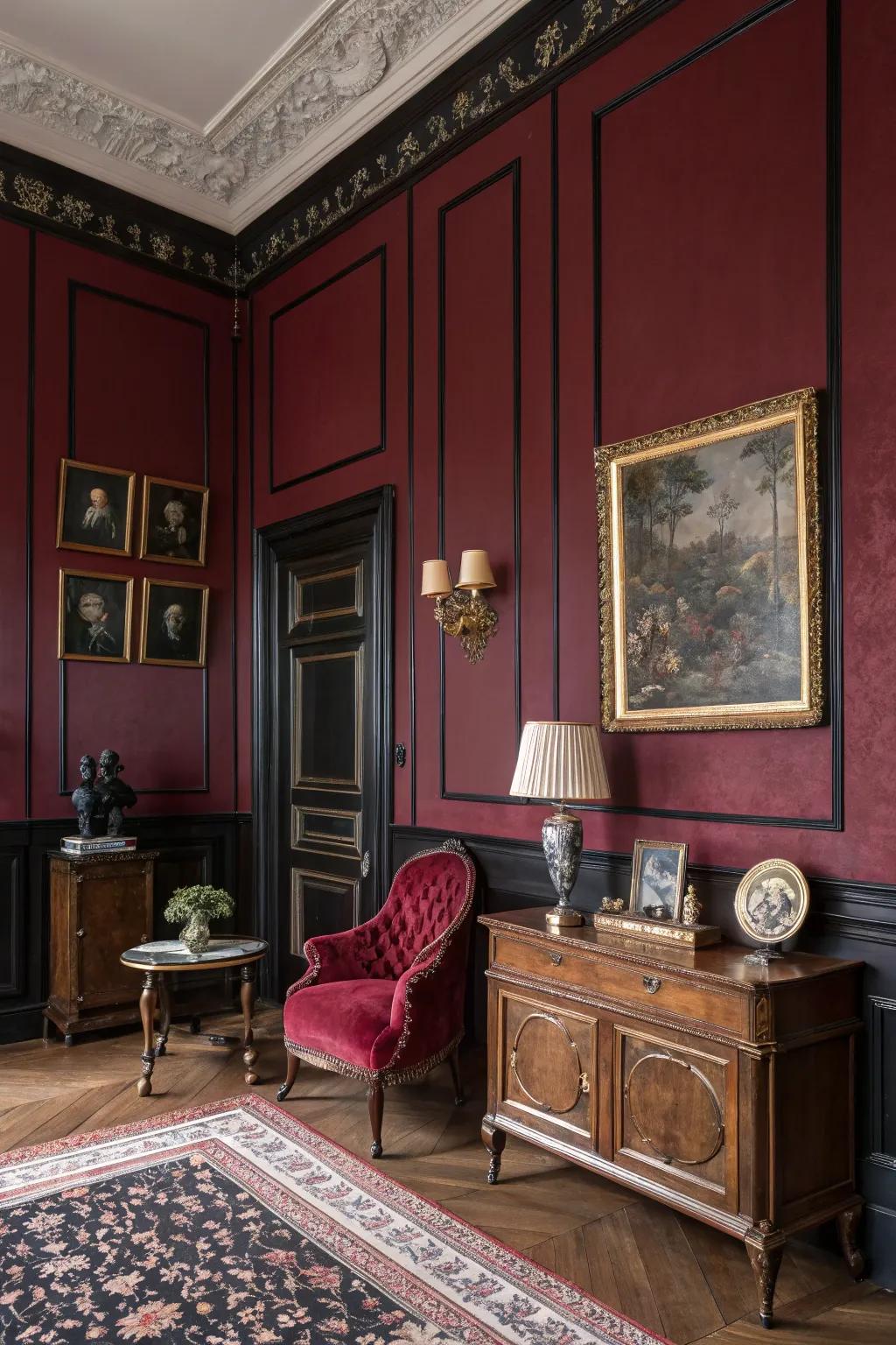 A room where intense colors conjure a gothic appeal.