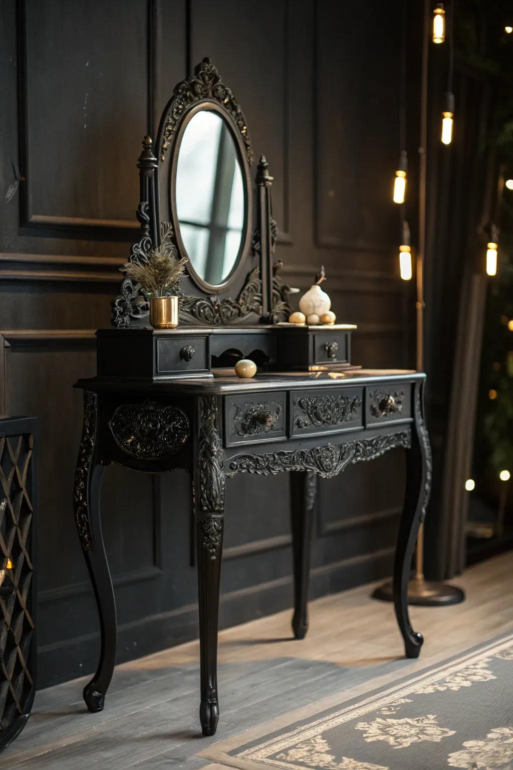 An antique black vanity with intricate carvings creates a dramatic focal point.