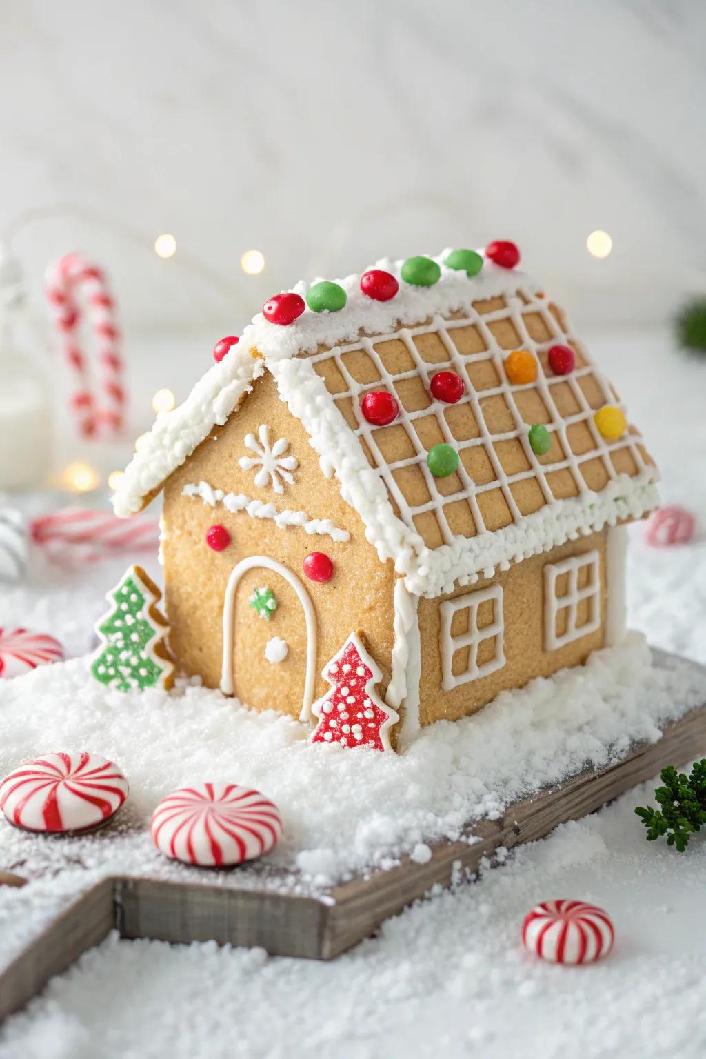 Traditional cottage confectionary house with classic candy accents.