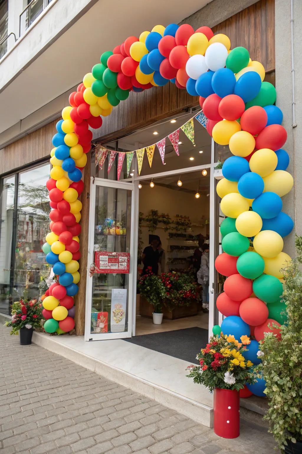 A traditional balloon arch welcomes guests to come inside and explore.