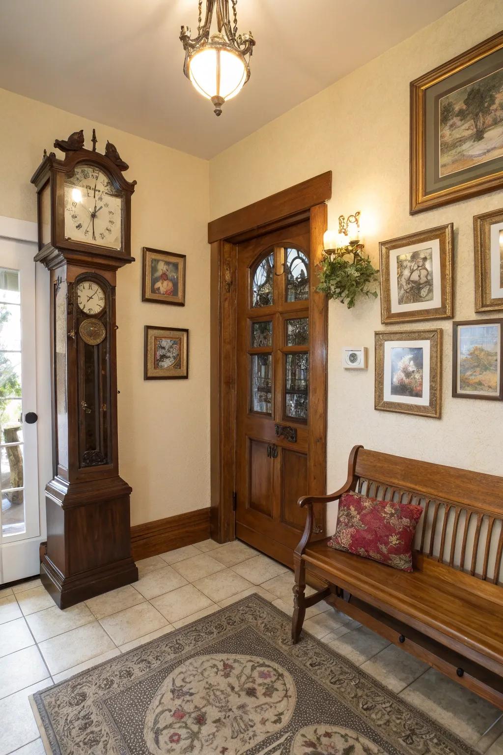 A pendulum timepiece transforms a simple foyer into a sophisticated welcome area.