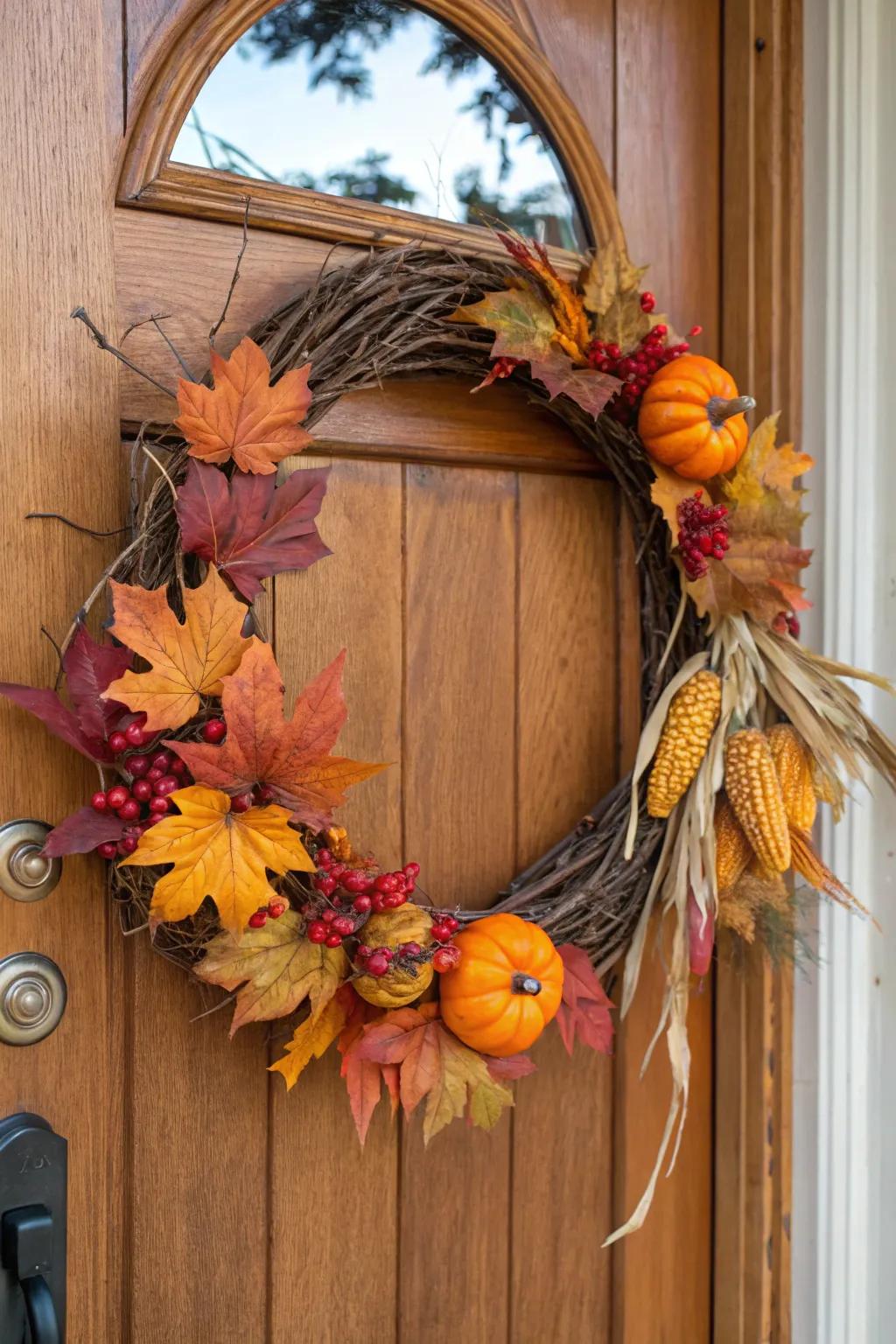 A grapevine wreath with leaves and gourds evoking the colors of fall.
