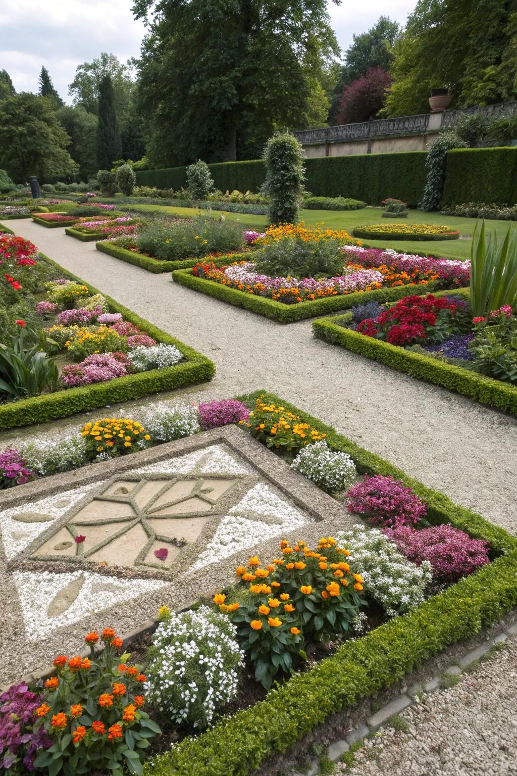 A stone flower bed featuring impressive geometric designs